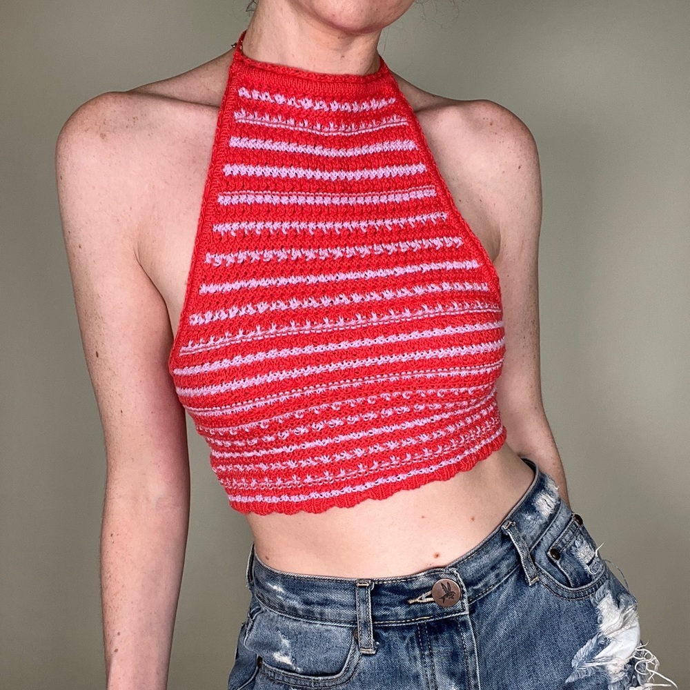 Red Striped Crochet Halter Crop Top